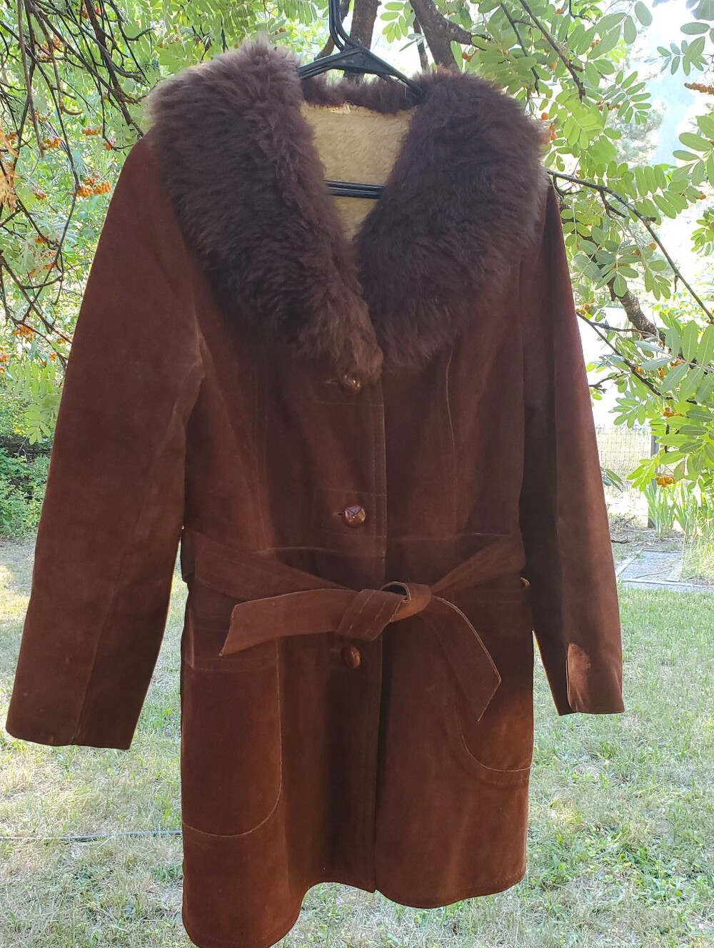 Vintage Brown Suede Penny Lane Jacket with Shearling Fur Trim